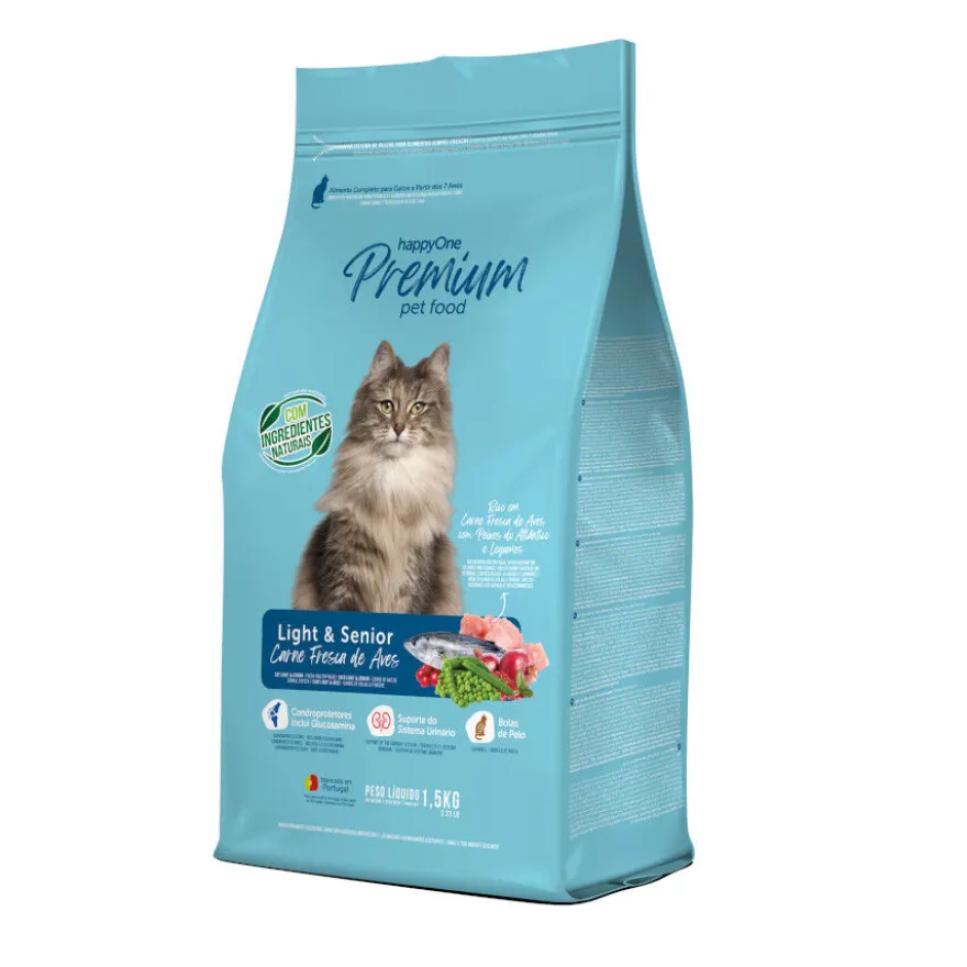 happyOne Premium Light & Senior de ração de carne fresca de aves com peixes e legumes para gatos