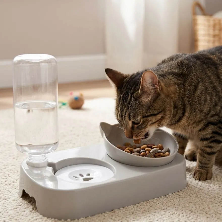 Leeby Comedouro e Dispensador de Água 2 em 1 Cinzento e Branco para gatos