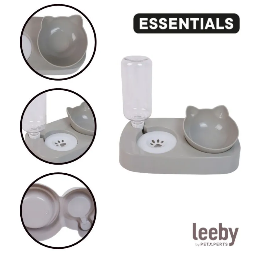 Leeby Comedouro e Dispensador de Água 2 em 1 Cinzento e Branco para gatos