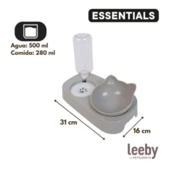 Leeby Comedouro e Dispensador de Água 2 em 1 Cinzento e Branco para gatos