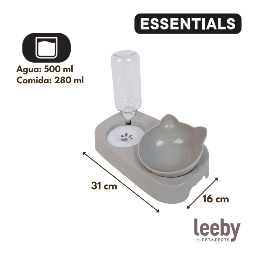 Leeby Comedouro e Dispensador de Água 2 em 1 Cinzento e Branco para gatos