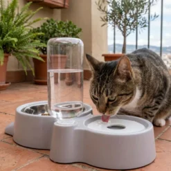 Leeby Comedouro e Dispensador de Água 2 em 1 em Aço Inoxidável Cinzento para gatos