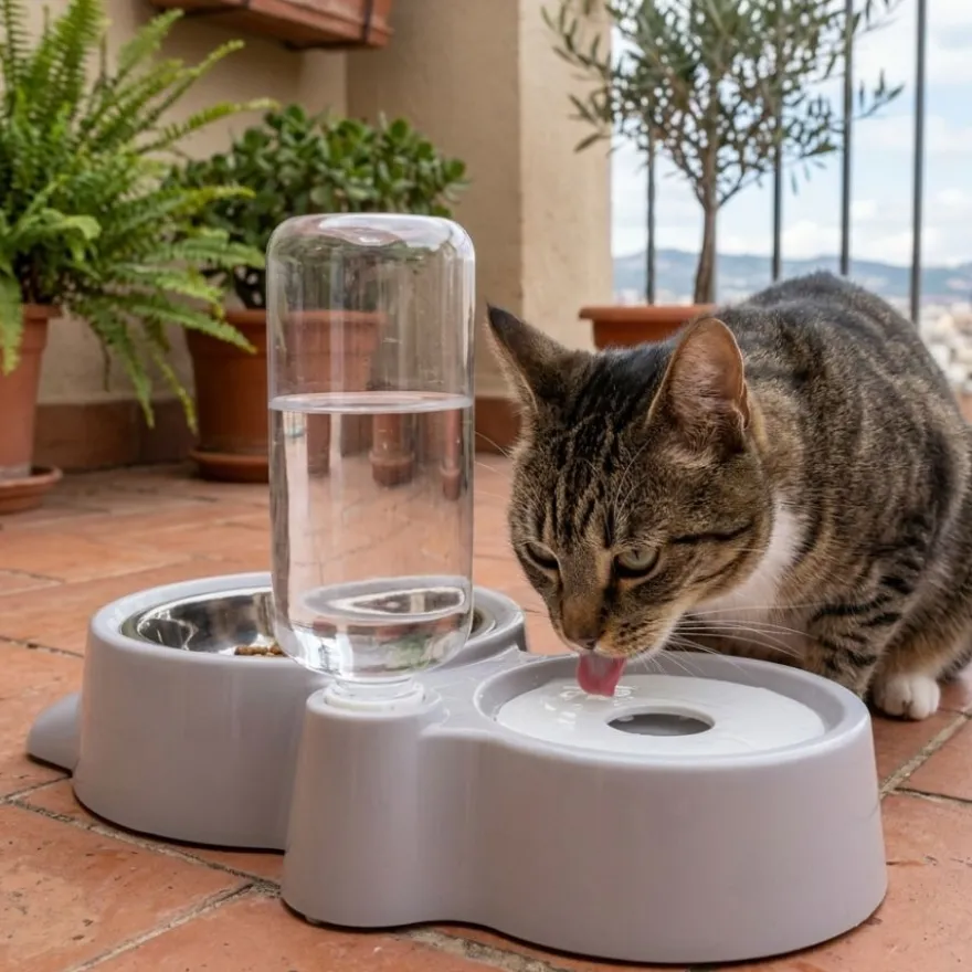 Leeby Comedouro e Dispensador de Água 2 em 1 em Aço Inoxidável Cinzento para gatos