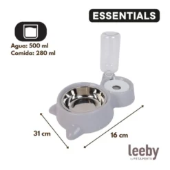 Leeby Comedouro e Dispensador de Água 2 em 1 em Aço Inoxidável Cinzento para gatos