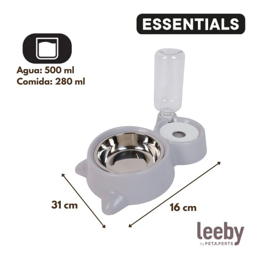 Leeby Comedouro e Dispensador de Água 2 em 1 em Aço Inoxidável Cinzento para gatos