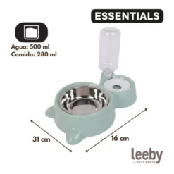 Leeby Comedouro e Dispensador de Água 2 em 1 em Aço Inoxidável Verde para gatos