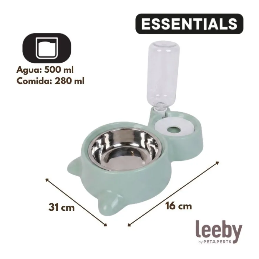 Leeby Comedouro e Dispensador de Água 2 em 1 em Aço Inoxidável Verde para gatos