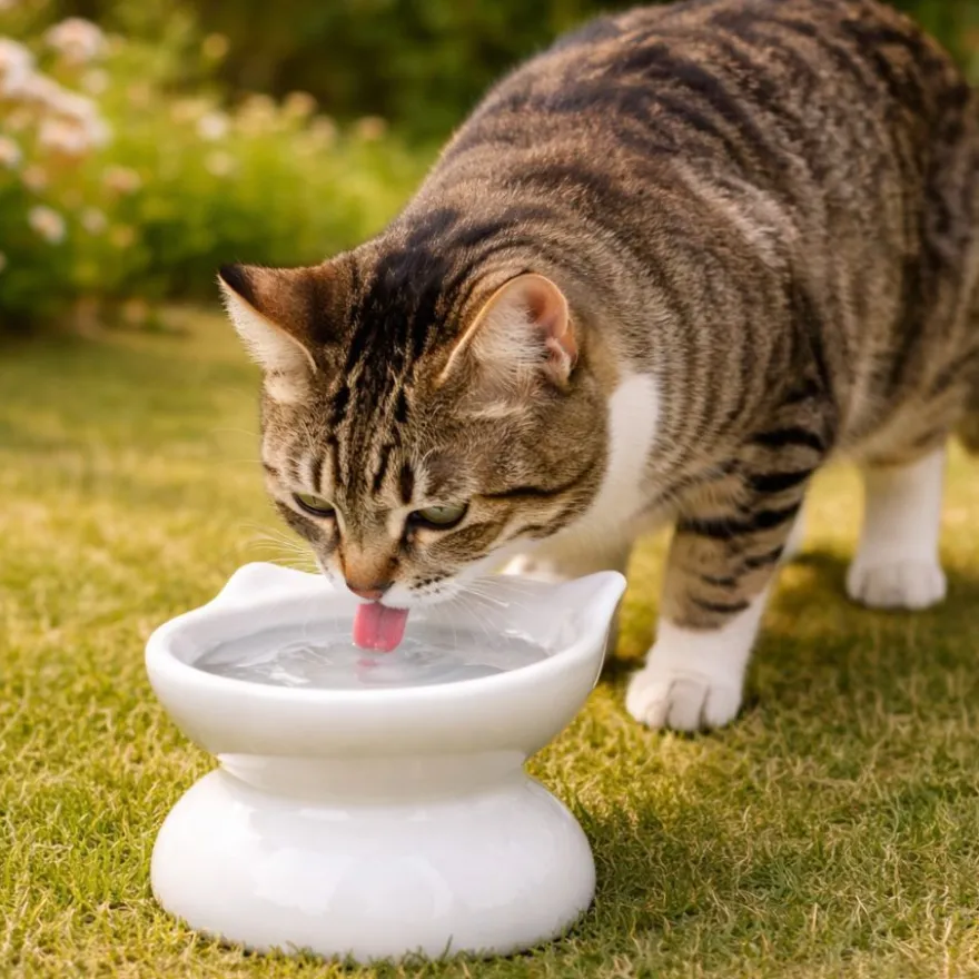 Leeby Comedouro Elevado Inclinado de Cerâmica Branco para gatos