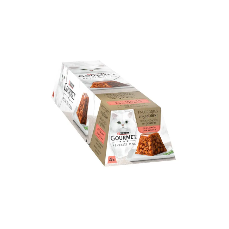4 terrinas x 57 g Gourmet Revelations Pedaços finos de Salmão em gelatina para gatos