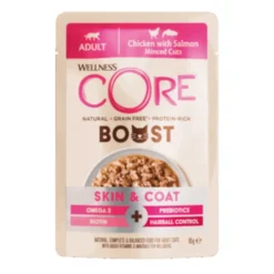 Wellness Core Boost Skin & Coat Comida húmida de frango e salmão em saquetas para gatos